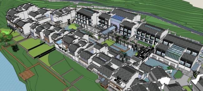 Sketchup酒店模型|徽派湖边休闲度假村，多层酒店，中式风格