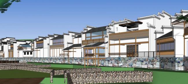 Sketchup酒店模型|徽派湖边休闲度假村，多层酒店，中式风格