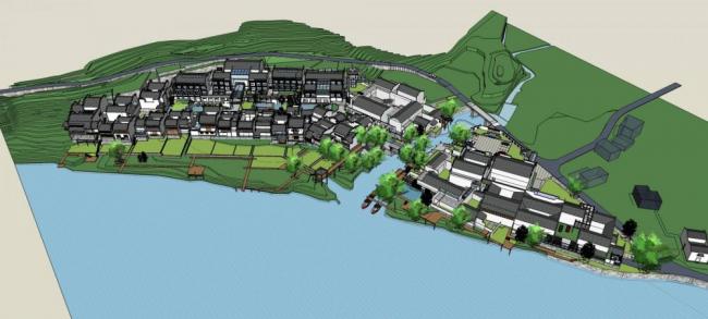 Sketchup酒店模型|徽派湖边休闲度假村，多层酒店，中式风格