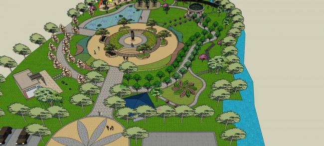 Sketchup景观模型|公园景观，树池，喷水池，现代风格