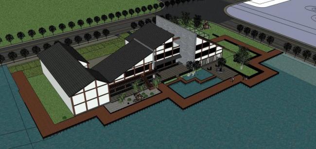 Sketchup商业模型|多层湖边会所，商业建筑，新中式风格
