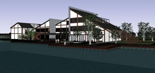 Sketchup商业模型|多层湖边会所，商业建筑，新中式风格