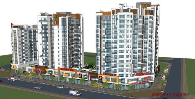 Sketchup住宅模型|高层住宅小区，居住建筑，底层商业，现代风格