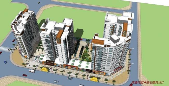 Sketchup住宅模型|高层住宅小区，居住建筑，底层商业，现代风格