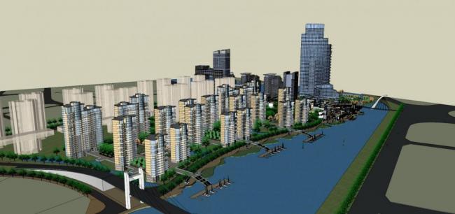 Sketchup综合体模型|超高层城市商业综合体，高层住宅，现代风格，滨水景观