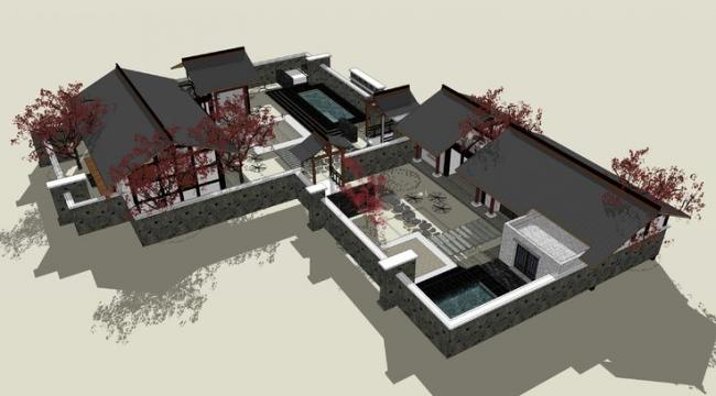 Sketchup商业模型|商业会所，中式风格，院落，景观设计