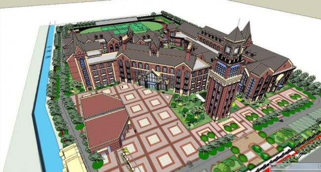 Sketchup学校模型|多层中小学学校，教学楼，教育建筑，英式古典风格