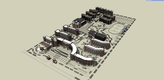 Sketchup学校模型|多层中小学学校，教学楼，教育建筑，新古典风格