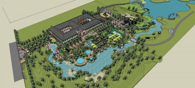 Sketchup酒店模型|多层度假村酒店，古典风格，滨水景观