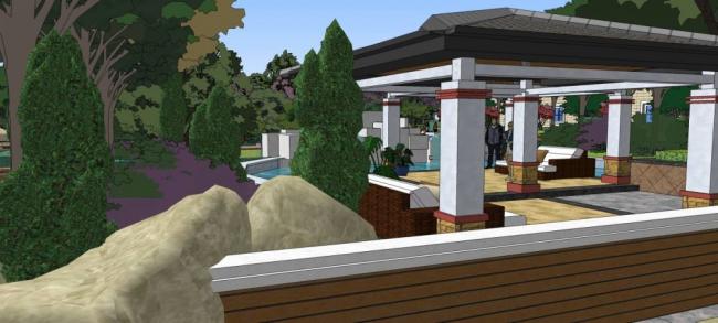 Sketchup酒店模型|多层度假村酒店，古典风格，滨水景观