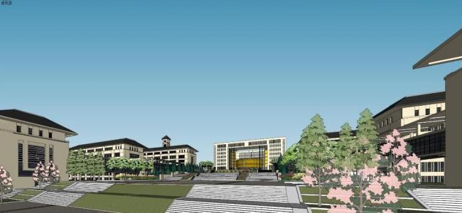 Sketchup学校模型|多层中小学学校，教学楼，教育建筑，新中式风格