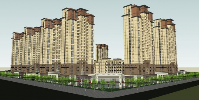 Sketchup住宅模型|高层住宅群小区规划，新古典风格，居住建筑，现代风格