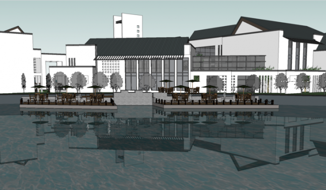 Sketchup商业模型|徽派售楼处，会所，新中式风格，度假中心，滨水景观，商业建筑