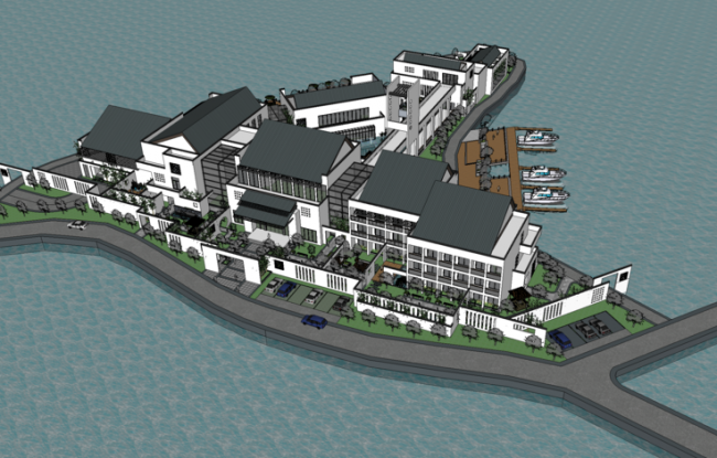 Sketchup商业模型|徽派售楼处，会所，新中式风格，度假中心，滨水景观，商业建筑