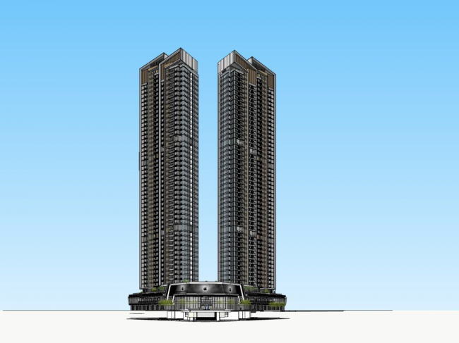 Sketchup住宅模型|超高层住宅，现代风格，底层商业，居住建筑