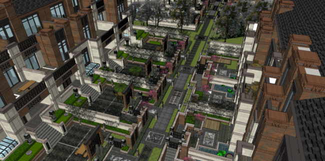 Sketchup住宅模型|多层洋房，庭院，复古风格，居住建筑，古典风格