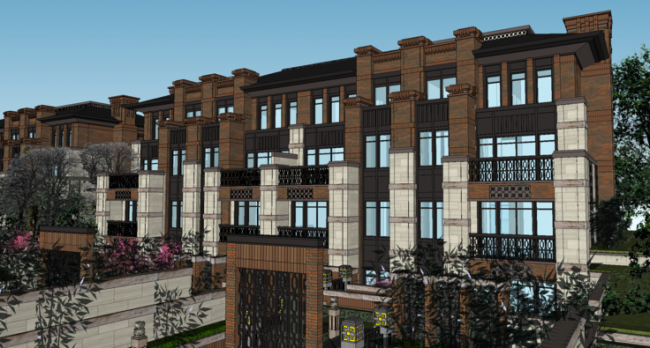 Sketchup住宅模型|多层洋房，庭院，复古风格，居住建筑，古典风格