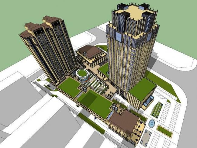 Sketchup综合体模型|多层高层混合综合体， 银行，商业街，超市，高层住宅，新古典风格