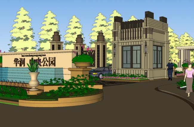 Sketchup景观模型|华润中央公园示范区入口，古典风格