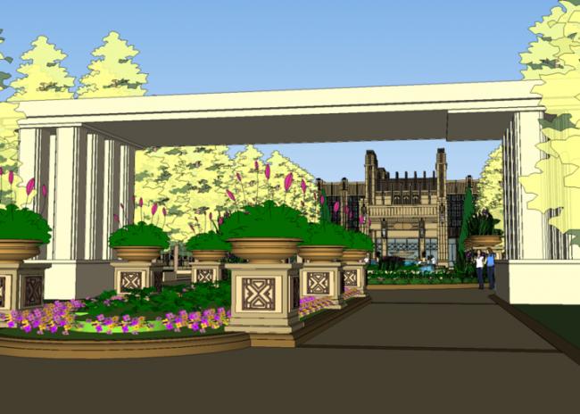 Sketchup景观模型|华润中央公园示范区入口，古典风格