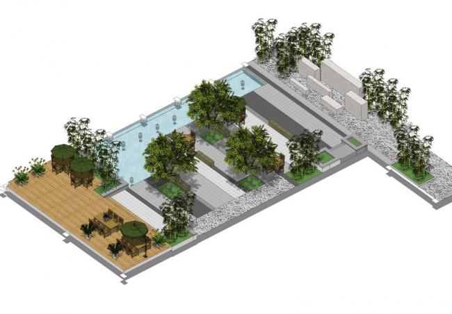 Sketchup景观模型|庭院景观，水池水景，现代风格