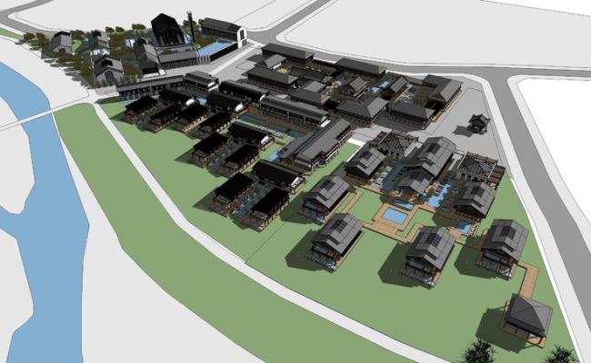 Sketchup酒店模型|多层仿古温泉会所酒店，新中式风格