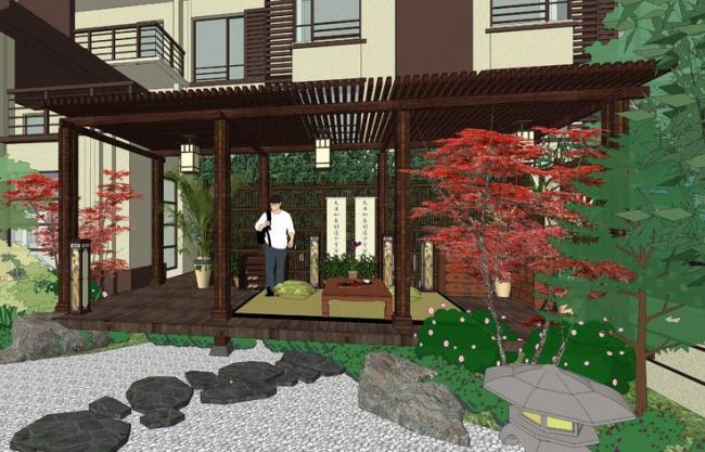 Sketchup住宅模型|日式枯山水庭院景观，多层住宅