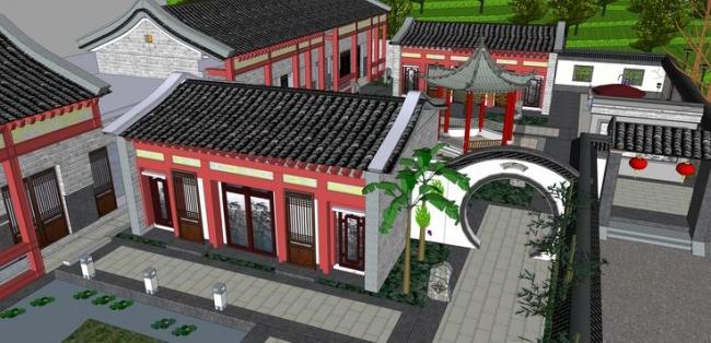 Sketchup住宅模型|四合院，中式风格，徽派建筑，庭院景观
