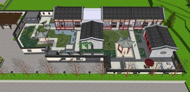Sketchup住宅模型|四合院，中式风格，徽派建筑，庭院景观