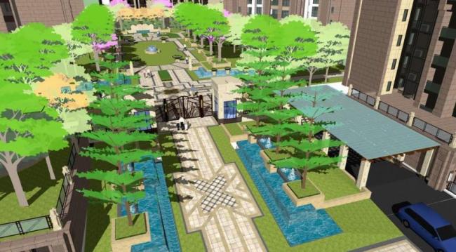 Sketchup景观模型|住宅小区中轴景观，现代风格