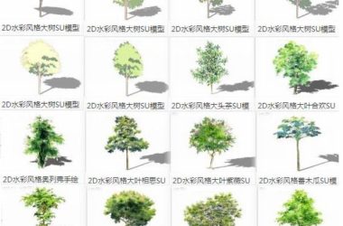 Sketchup素材模型|2D水彩风格树，景观植物，现代风格，素材组件-BIM建筑网