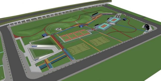 Sketchup景观模型|体育运动公园景观，现代风格，篮球场足球场羽毛球场网球场