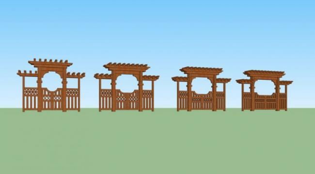 Sketchup素材模型|入口大门木门，景观素材组件