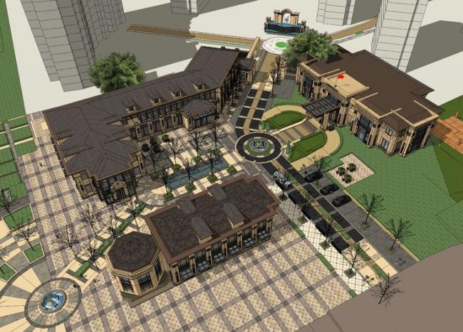 Sketchup商业模型|多层售楼处中心，商业建筑，欧式古典风格