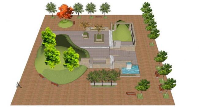 Sketchup素材模型|广场景观，现代风格，树池坐凳景墙矮墙