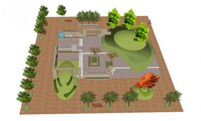 Sketchup素材模型|广场景观，现代风格，树池坐凳景墙矮墙