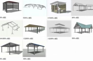 Sketchup素材模型|钢结构棚架，休闲廊架，景观素材组件-BIM建筑网