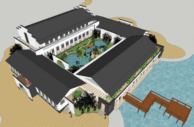 Sketchup酒店模型|多层酒店带围廊，院落，徽派建筑，中式风格