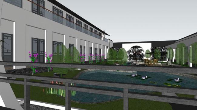 Sketchup酒店模型|多层酒店带围廊，院落，徽派建筑，中式风格