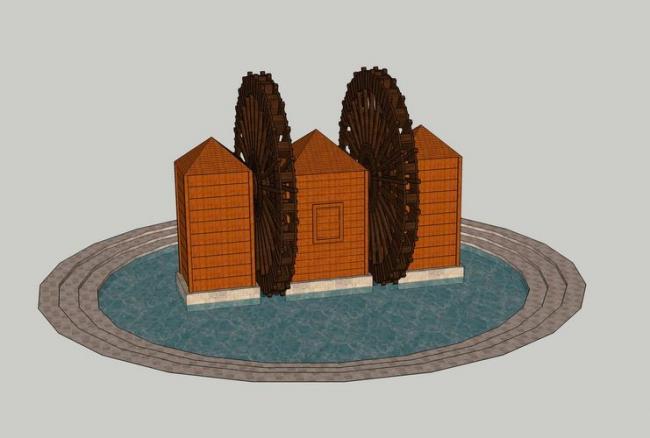 Sketchup素材模型|水车水景小品，景观素材组件