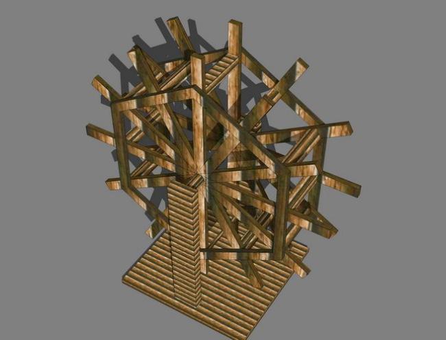 Sketchup素材模型|木制水车景观素材组件
