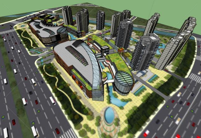 Sketchup综合体模型|多高层混合商业综合体，高层住宅，购物中心，现代风格