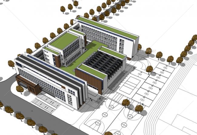 Sketchup学校模型|多层中学学校教学楼，教育建筑，现代风格
