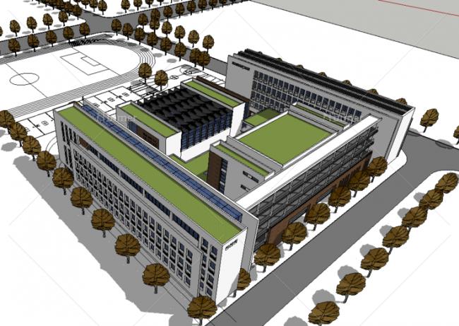 Sketchup学校模型|多层中学学校教学楼，教育建筑，现代风格