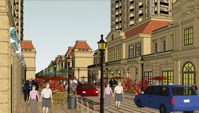 Sketchup住宅模型|简欧式商业街，法式高层住宅，底层商业，古典风格，居住建筑