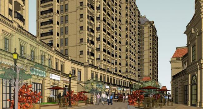 Sketchup住宅模型|简欧式商业街，法式高层住宅，底层商业，古典风格，居住建筑