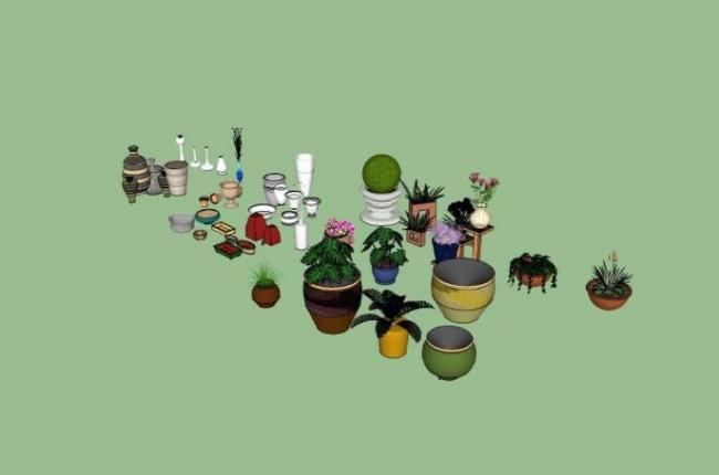Sketchup素材模型|陶罐花钵植物，素材组件