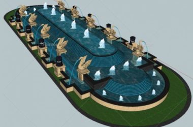 Sketchup素材模型|欧式风格中轴对称水景，素材组件-BIM建筑网