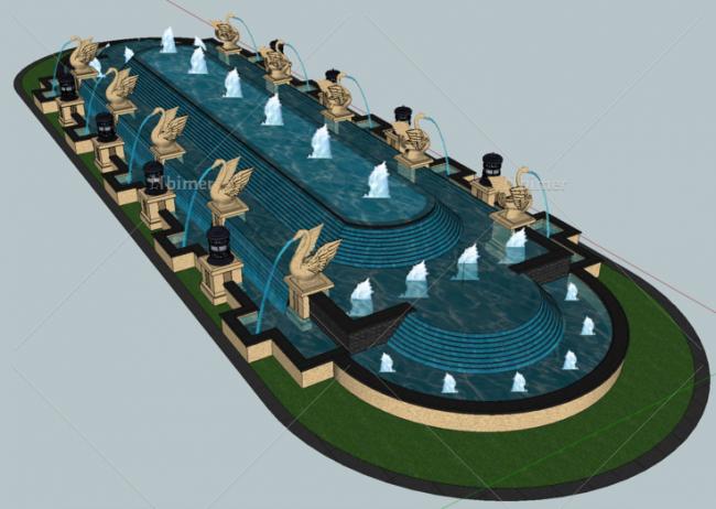 Sketchup素材模型|欧式风格中轴对称水景，素材组件