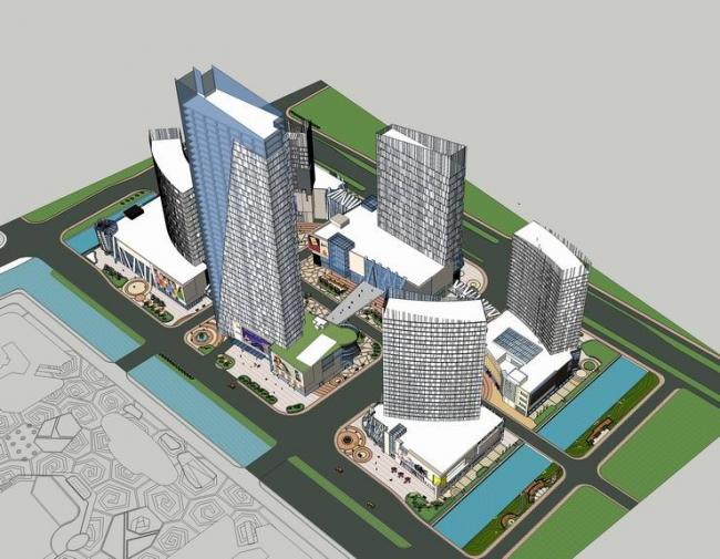 Sketchup综合体模型|多层高层混合商业综合体，高层办公楼，现代风格